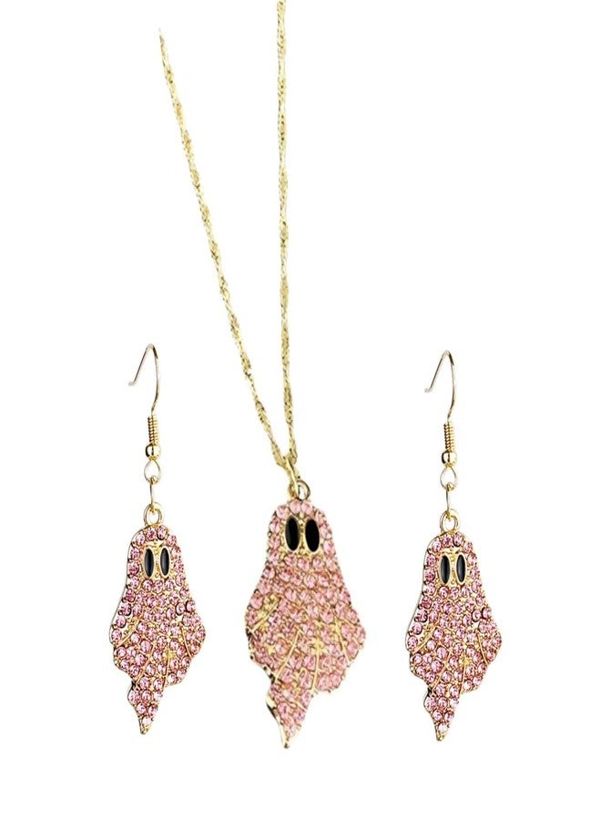 QRH Sparkly Rhinestone Halloween Ghost Earrings Necklace Set Delicate Diamond Beaded Pink Ghost Earrings Necklace Set Shiny Cute Halloween Party Costume Cosplay Jewelry Gifts - Image 1